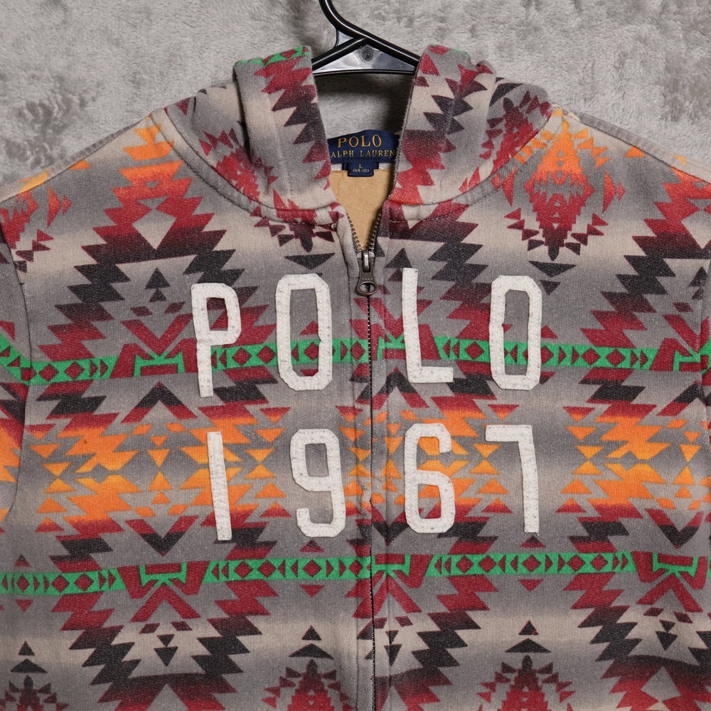 Polo Ralph Lauren Hoodie Boy Large 14-16 Gray Red Orange Southwestern Aztec 1967